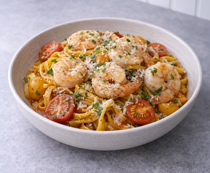 Garlic Butter Fettuccine Pomodoro with Shrimp